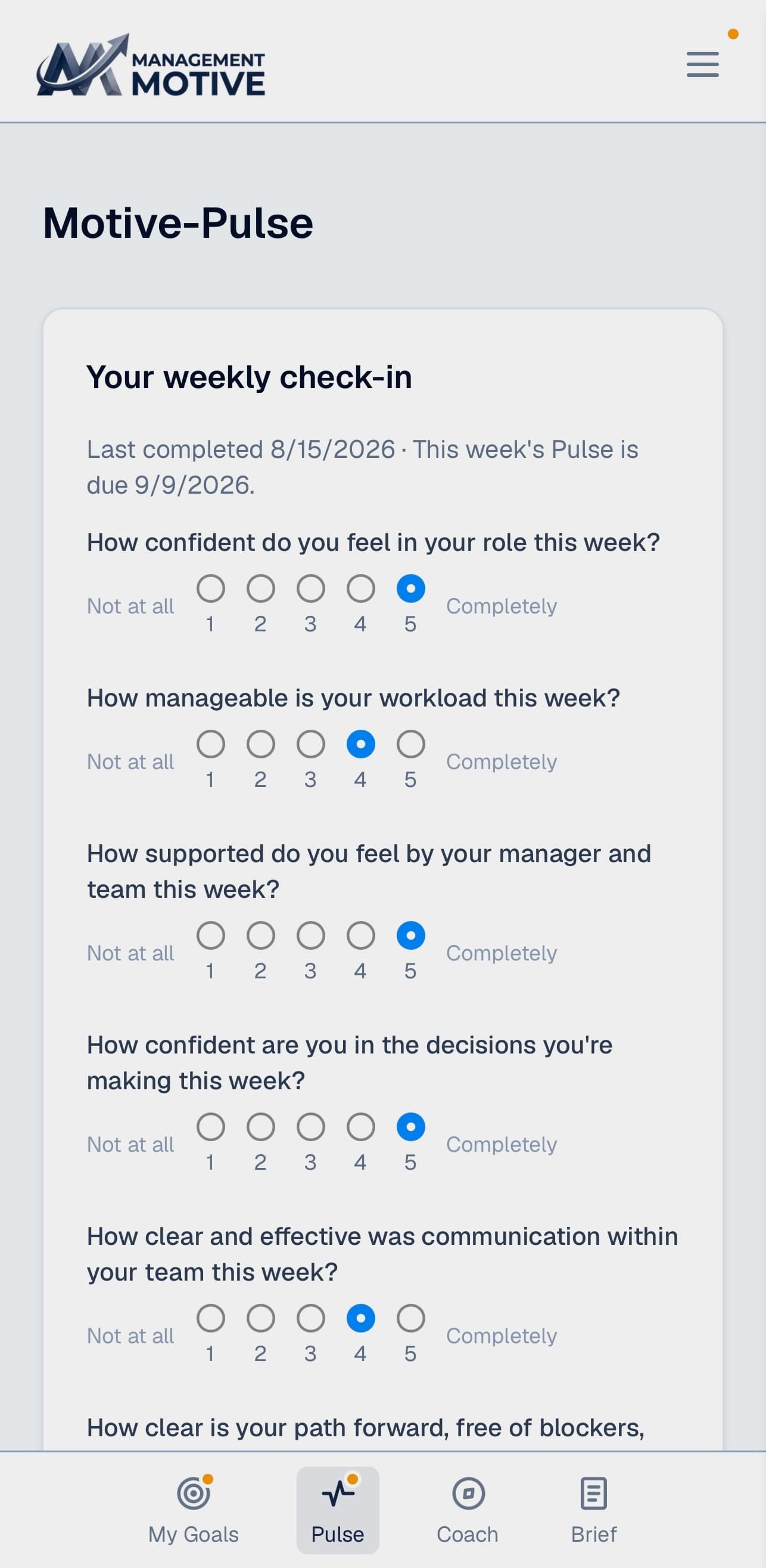 Motive-Pulse — Your weekly journal — three sections: sentiment, reflection and targeted thinking — surfacing what's really going on
